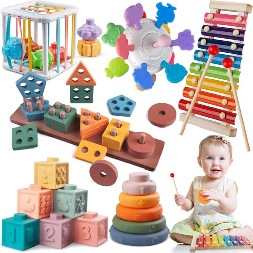 GOPO TOYS Montessori Toys for Baby Toddlers, 6-in-1 Wooden Shape Sorting Stacking Set